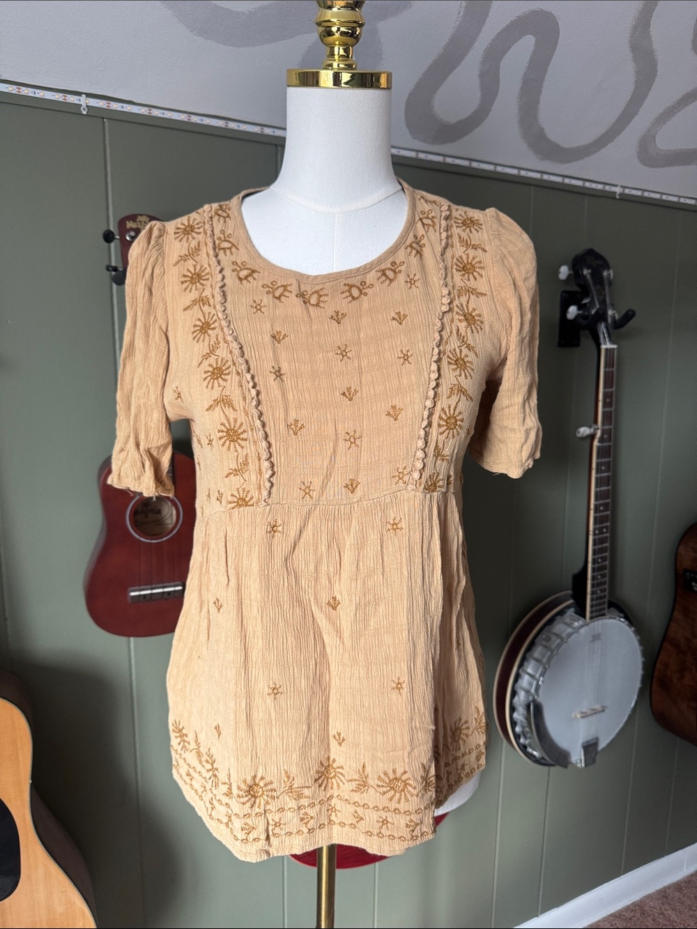 Golden Yellow Short Sleeve Flowy Embroidered Top